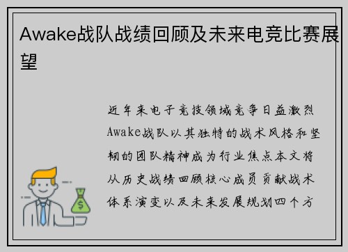 Awake战队战绩回顾及未来电竞比赛展望