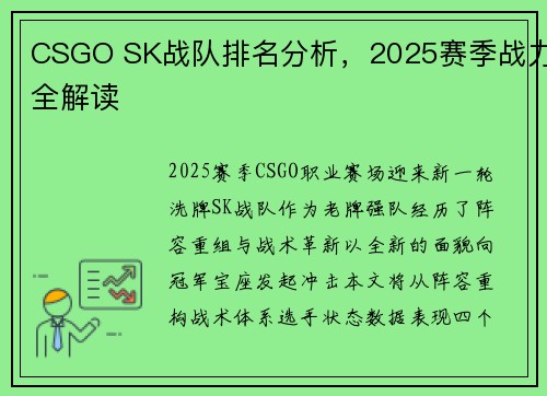 CSGO SK战队排名分析，2025赛季战力全解读