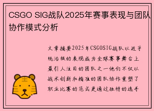 CSGO SIG战队2025年赛事表现与团队协作模式分析